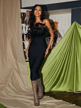 Ember Off Shoulder Feather Bandage Dress In Black